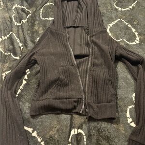 Black Ribbed Zip-Up Hoodie